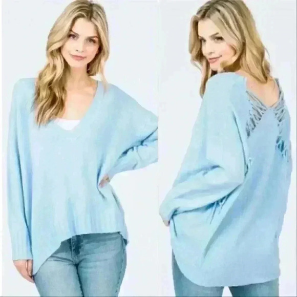 POWDER BLUE LACE BACK SWEATER Top - Picture 2 of 3